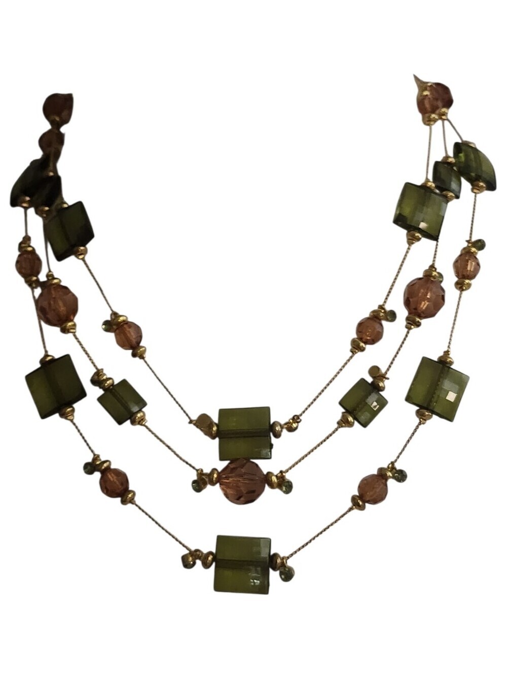 Three Strand Faceted Olive Green Brown Beaded Necklace